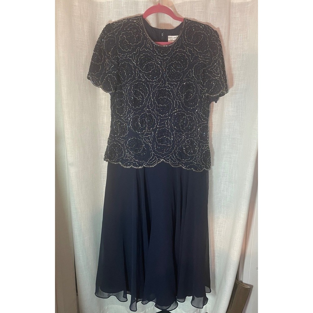Papell Boutique Dress Embellished Beaded‎ Silk Navy Blue Dress Size P14 Sparkly